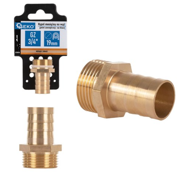 Messinkinen letkunippa 3/4" ulkokierteell&auml; 19 mm letkulle