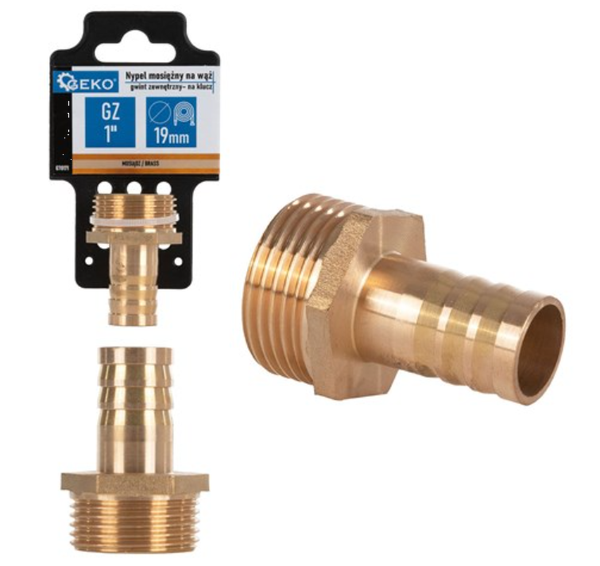 Messinkinen letkunippa 1" ulkokierteell&auml; 19 mm letkulle